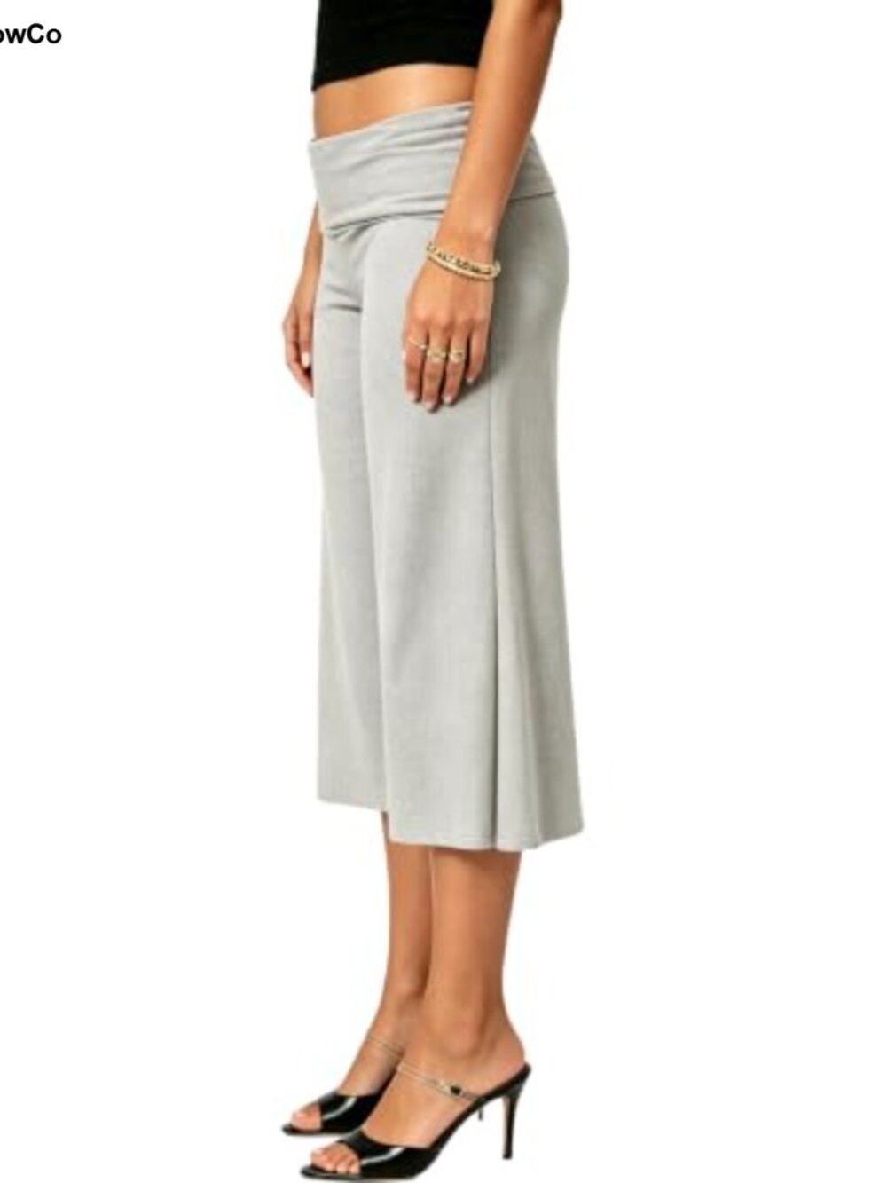 Womens Flowy Wide Leg Gaucho Capri Pants Fold Over Yoga Sweatpants - Picture 4 of 5